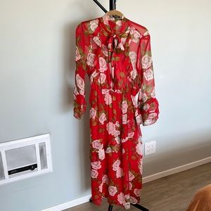 Zara Womens Red Floral Long Dress (S)